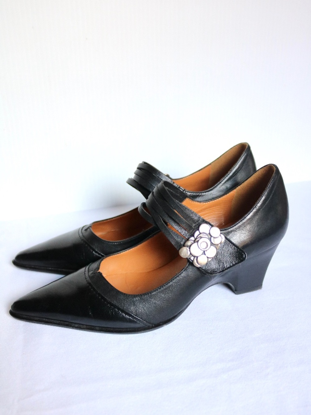 FRANCE MODE Black Leather Heel Pointed Toe Mary Jane Women's Size 38 Fall